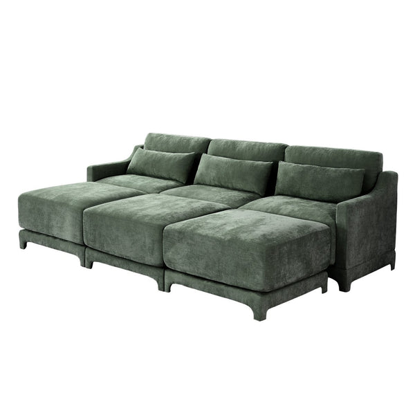 English Elm Three-Seater Sofa Set With 3 Movable Ottomans, Ergonomic Design, Chenille Fabric, Green Comfort W714S01219-GIGA