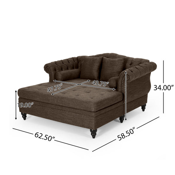 English Elm Christopher Knight Home® - LOVESEAT Double Chaise Lounge with Nailhead Trim and Button Tufting, Scroll Arms, Elegant Accent Pillows Brown 54 L x 33 W x 17.5 H N776P298704B