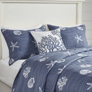 English Elm 4 Piece Cotton Reversible Embroidered Quilt Set with Coastal Starfish & Shell Motifs, OEKO-TEX Certified Quality Navy 20.87 L x 16.93 W x 6.5 H B03595793