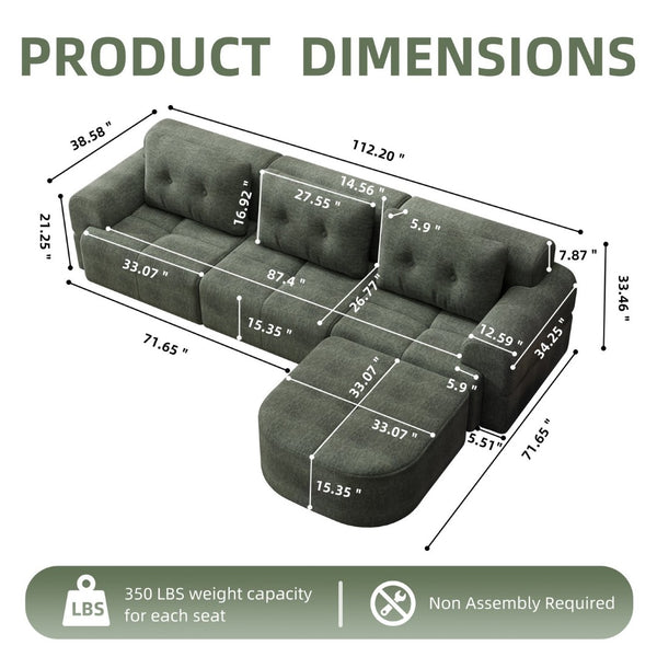 English Elm Modular Sectional Sofa with Chaise Full Foam Build Woven Fabric for Living Room Blackish Green W2379S00006