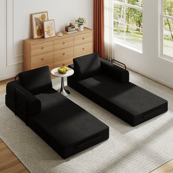 English Elm Convertible Corduroy Sleeper Sofa Foldable Three Seat Couch for Studio or Bedroom Black W3366P447116