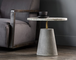 Sunpan Carment Side Table - Unique Terrazzo Top with Concrete Base & Antique Brass Rod for Stylish Spaces