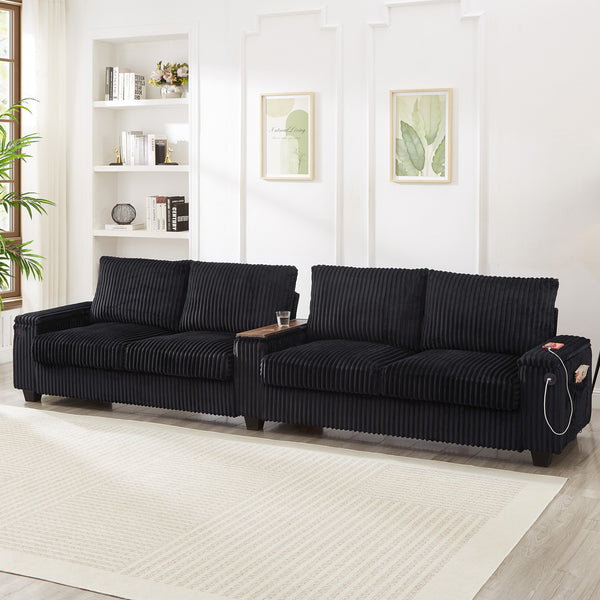 English Elm 4-seater Corduroy Sofa with USB Ports, Flip-Top Cup Holders, Hidden Arm Storage & Ultra-Deep Seats Black N719S001990B