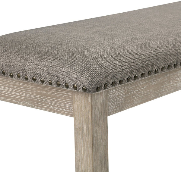 English Elm Traditional Linen Upholstered Dining Bench Oak Veneer Legs Nailhead Trim Neutral Gray B011P439069
