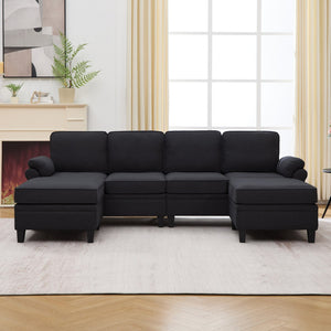 English Elm 102 Inch Linen Modular Sectional Sofa with Hidden Storage and Cloud Cushion Comfort Black W1099S00211