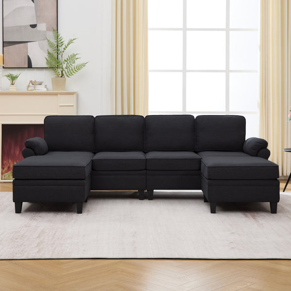 English Elm 102 Inch Linen Modular Sectional Sofa with Hidden Storage and Cloud Cushion Comfort Black W1099S00211