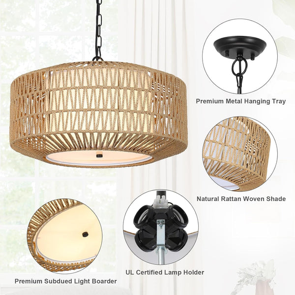 English Elm Farmhouse Chandelier Light Fixture - Hand-Woven Rattan 4-Light Pendant For Cozy Dining & Living Spaces W2738P185428