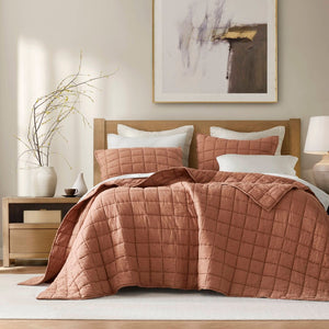 English Elm 3-piece French Linen Quilt Set Garment Washed Breathable Box Stitched Bedding Brick Red B035P408303