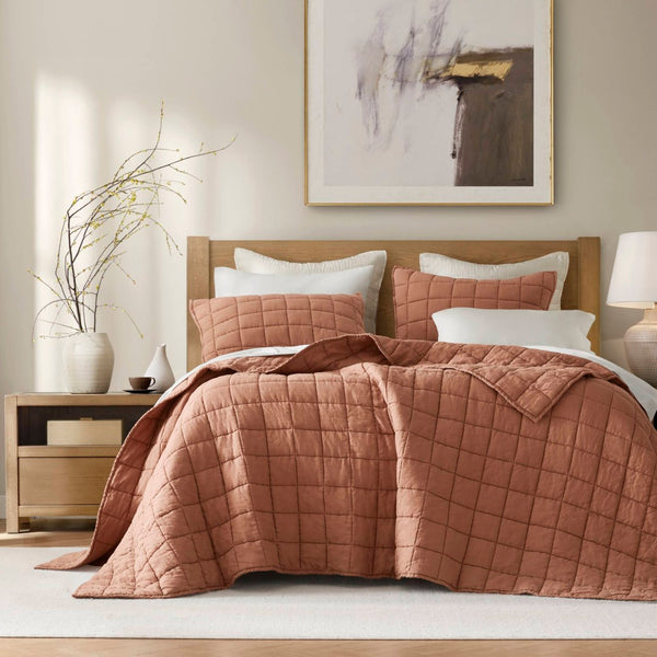 English Elm 3-piece French Linen Quilt Set King Garment Washed Box Stitch Breathable Bedding Brick Red B035P408304
