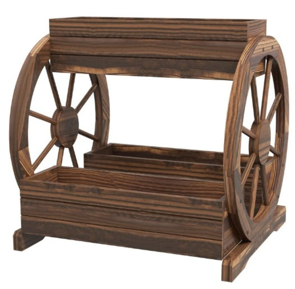 English Elm Outdoor Carbonized Fir 3-tier Wagon Wheel Raised Planter Box for Herbs and Vegetables T3971P423432