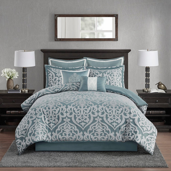 English Elm 8 Piece Jacquard Comforter Set - Luxurious Aqua/Silver Cal King Ensemble For Year-Round Elegance B035128884