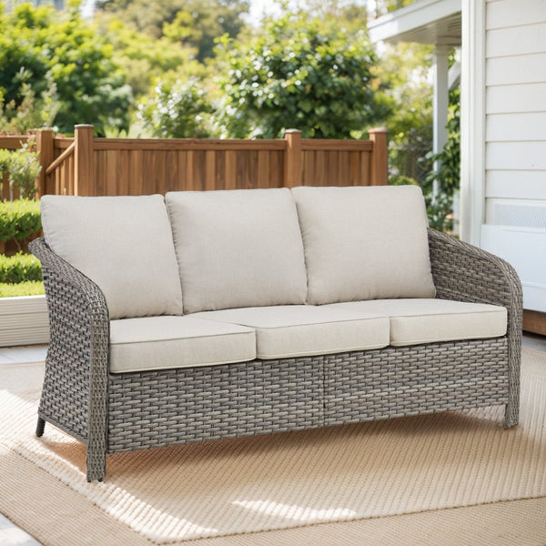 English Elm 73.6" Handwoven Pe Wicker Outdoor Sofa Three Seat Sculptural Arc Design with Cushions T3773P418581