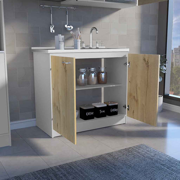 English Elm Freestanding Sink Cabinet With Double Doors & Two Shelves In White And Light Oak For Modern Kitchens B097S00137