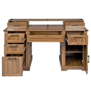 English Elm 59" Fluted Oak L-shaped Corner Desk with Charging Station Monitor Stand and File Storage Dark Walnut W2917S00007