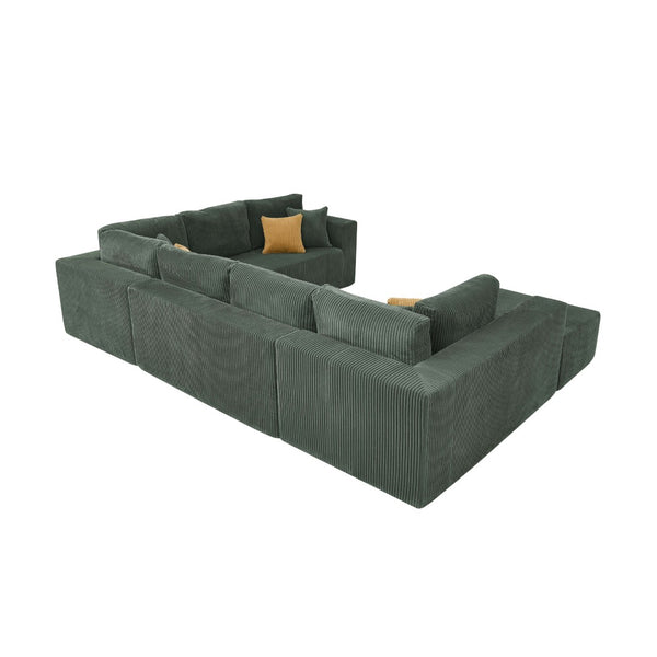 English Elm Full Corduroy Upholstered U-shaped Sectional Sofa with Moveable Ottoman Zero Assembly Dark Green B2748S00054