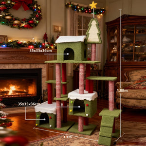 English Elm Wide Holiday Cat Tree Tower with Sisal Posts Tiered Perches and Festive Star Topper W243P382868