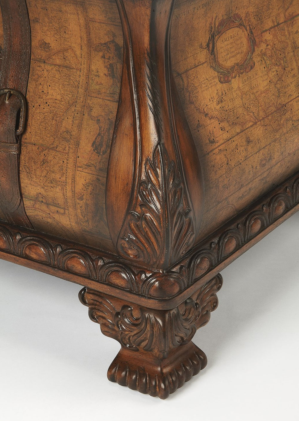 Butler Specialty Vasco Antique Map Trunk Table With Drawer, Genuine Leather Accents And Elegant Glazed Finish Light Brown Plywood,Resin,Paper,Faux Leather 553070-butler