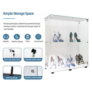 English Elm Tempered Glass Display Cabinet With Bluetooth Led Light, Lockable Casters For Stylish Storage Solutions W3155P290424-GIGA