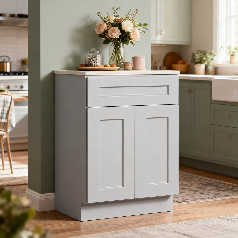 English Elm Light Gray Shaker Solid Wood Base Cabinet – Stylish Storage For Kitchen, Laundry, Or Bathroom Use T2950P383087