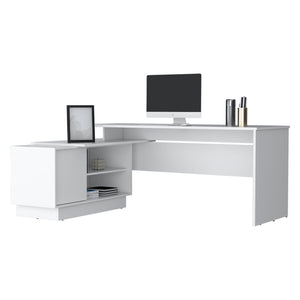 English Elm L-Shaped Desk with Right Return — Spacious 59" Work Surface, Cabinet + Shelves for Office Storage White 44.88 L x 26.77 W x 6.3 H B097S00182