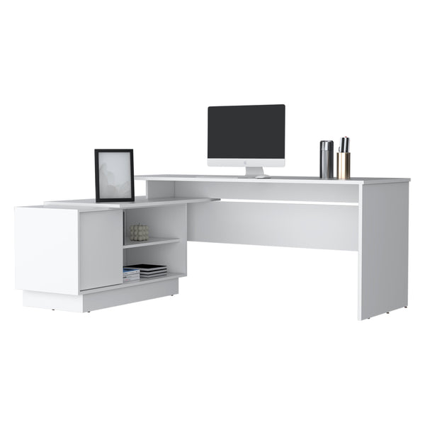 English Elm L-Shaped Desk with Right Return — Spacious 59" Work Surface, Cabinet + Shelves for Office Storage White 44.88 L x 26.77 W x 6.3 H B097S00182