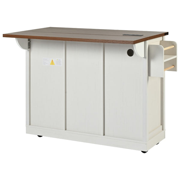 English Elm K&k Farmhouse Rolling Kitchen Island with Drop Leaf Power Outlets and Storage Cabinet White N707S170347W