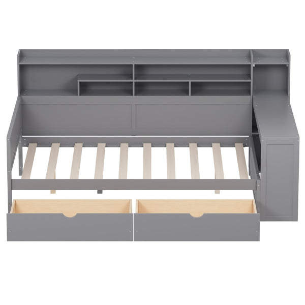 English Elm Wooden Twin Daybed with Trundle Built-in Desk and Open Shelves for Kids Rooms Gray N733S373385E