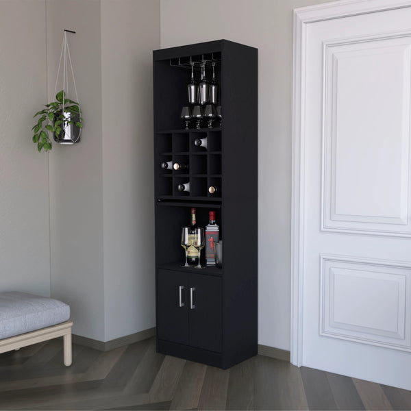 English Elm Wenge Tall Bar Cabinet with Built-In Wine Rack, 15 Shelves, 2 Doors — Stylish Engineered Wood Storage B062P193653