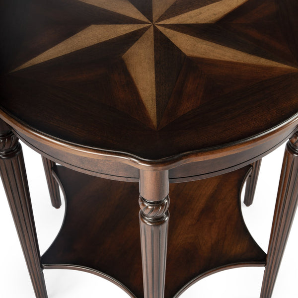 Butler Specialty Bainbridge Round Wood Side Table With Open Shelf - Elegant Design, Solid Wood & Cherry Veneers Dark Brown Rubberwood,Mdf,Resin,Cherry,Maple,Walnut And Olive Ash Burl Veneers 557024-butler