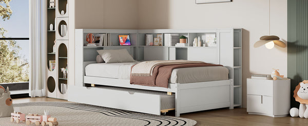 English Elm Twin Daybed with Built-In Shelves, USB Port & Trundle — Solid Pine Frame, Sturdy Storage and Smooth Wheels for Space-Saving Sleep Solutions White GX000467AAK