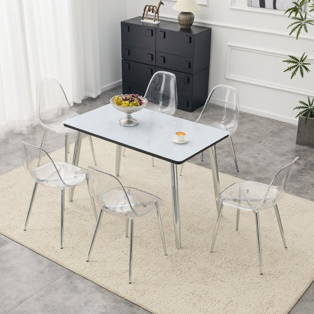English Elm Table and Chair Set Marble Glass Top Six Transparent Seats Silver Legs Dining W1151S04649