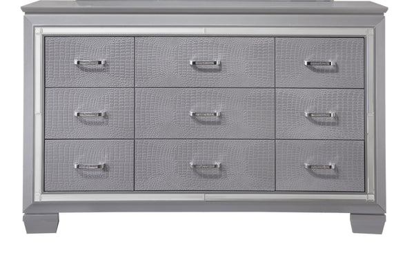 English Elm 1pc Modern Five Drawer Tall Chest with Beveled Mirror, Faux Crystal Hardware, Croc-Embossed Finish Silver 65.94 L x 20.43 W x 42.32 H B2741P326189