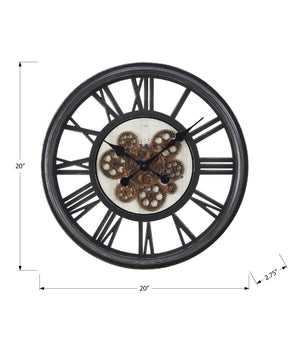 English Elm Clocks, 20" Round Wall Clock With Gear Mechanism, Black Roman Design For Elegant Home Décor B2710P287142