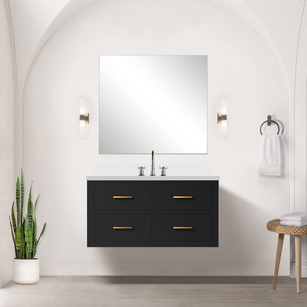 English Elm Black Single Bath Vanity Set With Cultured Marble Countertop & Frameless Mirror For Modern Spaces B2731S01439