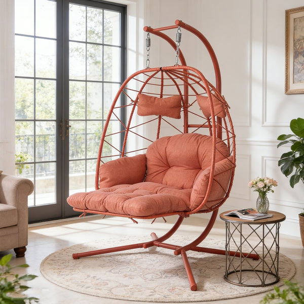 English Elm 2 Person Wicker Hanging Egg Chair with Stand Padded Swing for Patio Garden T5880P500222