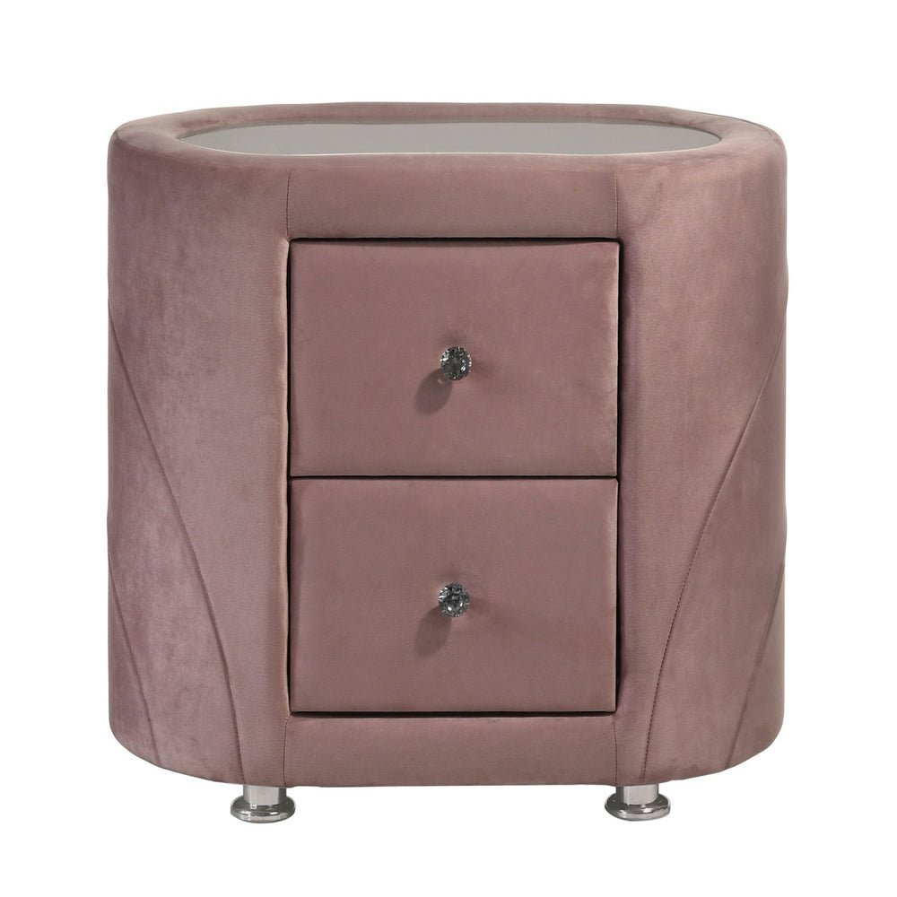 English Elm Pink Upholstered Oval Nightstand with 2 Drawers, Pink Velvet Finish, Sand-Blast Glass Top, Chic Storage B062P189075