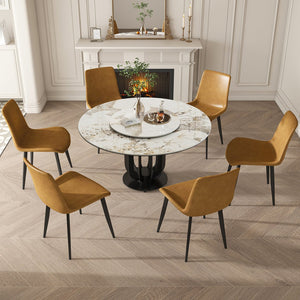 English Elm 53" Round Sintered Stone Dining Table With Lazy Susan & Carbon Steel Base - Modern Kitchen Elegance W2699S00042