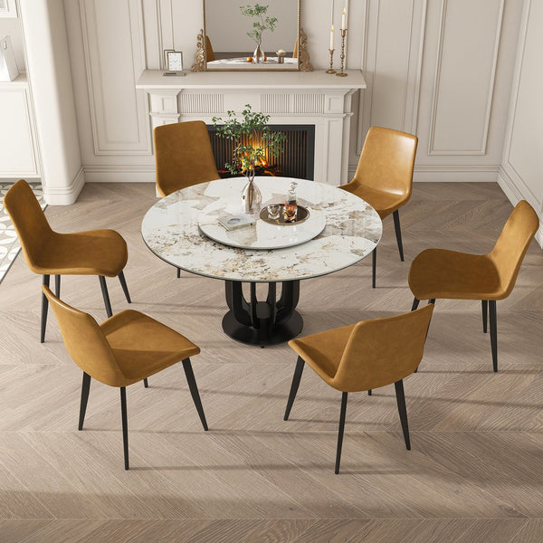 English Elm 53" Round Sintered Stone Dining Table With Lazy Susan & Carbon Steel Base - Modern Kitchen Elegance W2699S00042