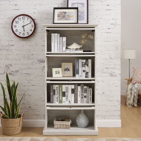 English Elm Glass 4-Tier Display Cabinet with Tempered Glass Doors, Flip-Up Access, Aluminum Frame, Elegant Chic Storage for Collectibles and Books Antique White W2275P206602