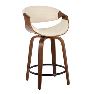 English Elm Symphony 24" Mid-Century Modern Swivel Counter Stool Set In Cream Faux Leather & Walnut Wood Legs B202S00089-GIGA