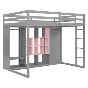 English Elm Twin Loft Bed with Wardrobe Shelves and Cabinet Kids Bedroom Wood Storage Frame Pink+Grey N708S00024E