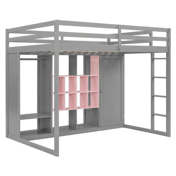 English Elm Twin Loft Bed with Wardrobe Shelves and Cabinet Kids Bedroom Wood Storage Frame Pink+Grey N708S00024E