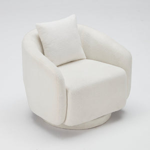 English Elm Swivel Barrel Armchair in Teddy Fabric with Lumbar Pillow and Solid Wood Legs White T3623P430697
