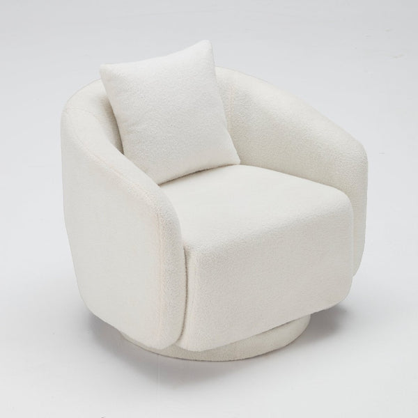 English Elm Swivel Barrel Armchair in Teddy Fabric with Lumbar Pillow and Solid Wood Legs White T3623P430697