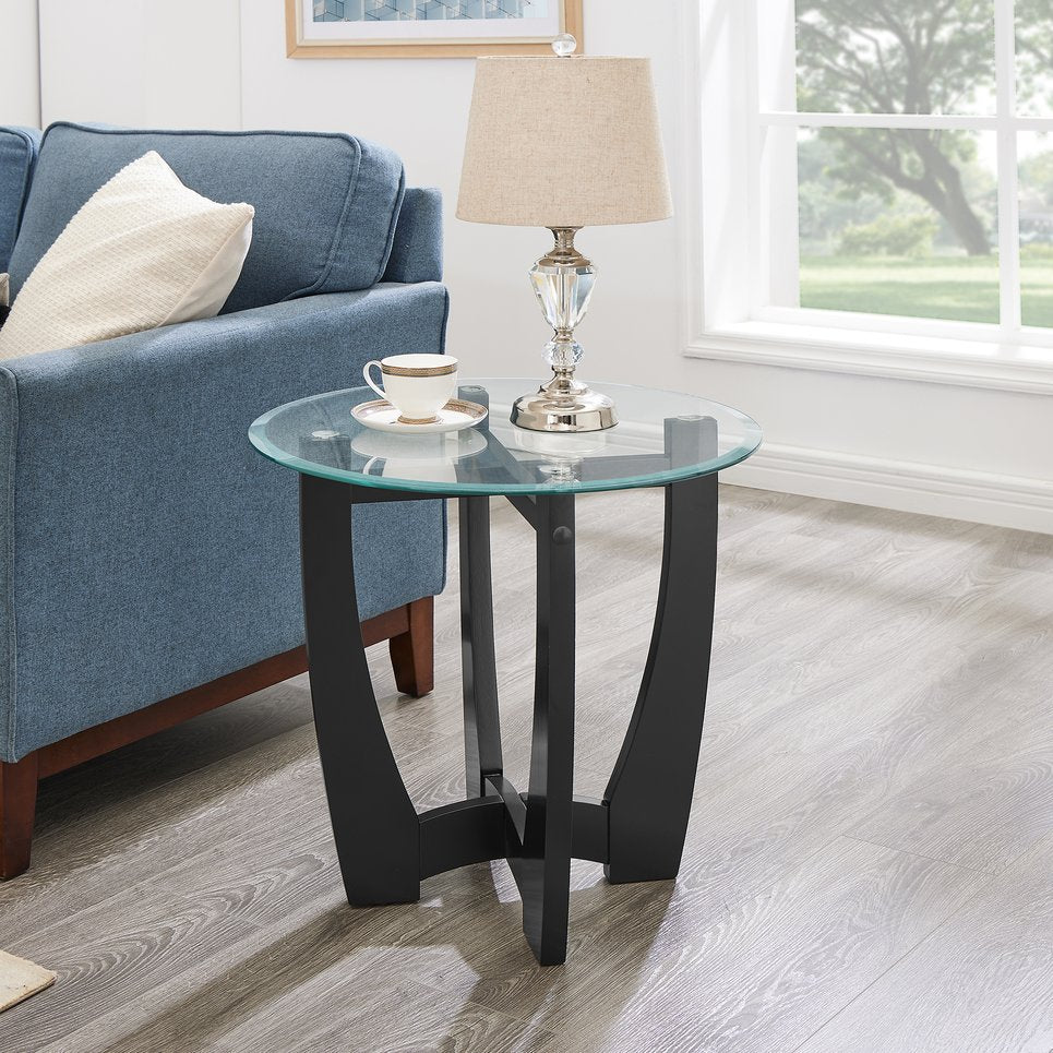 English Elm 23.5 inch round glass coffee table with solid wood frame, tempered glass top, sturdy 220lb load capacity Black W487P317840