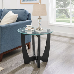 English Elm 23.5 inch round glass coffee table with solid wood frame, tempered glass top, sturdy 220lb load capacity Black W487P317840