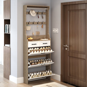 English Elm NEW Oak shoe cabinet with 3 drop-down doors, 2 drawers & hanger — slim MDF storage for hallways (54.7x21.8x7.5) W1320P236453