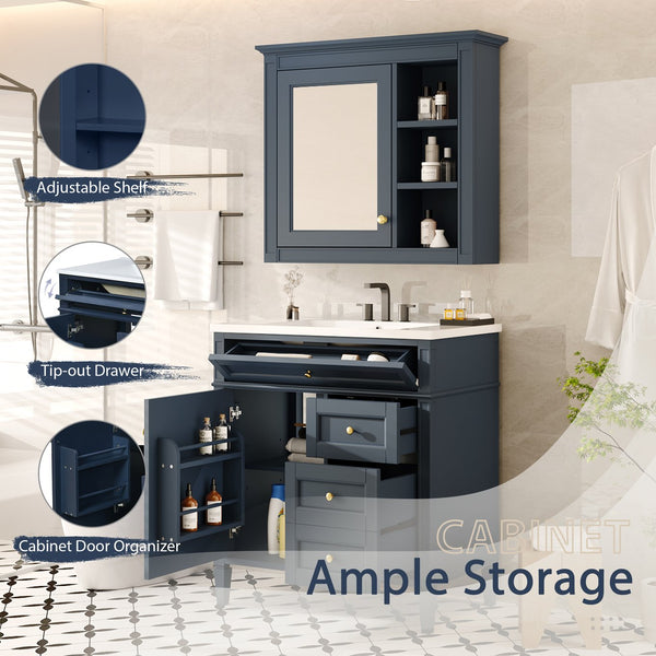 English Elm 30'' Bathroom Vanity Set With Mirror & Storage – Modern Freestanding Design, Ceramic Sink & Drawers SW000127AAC-1
