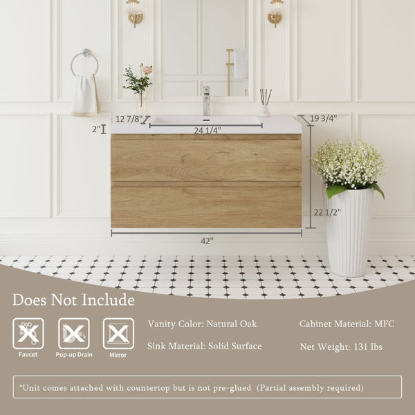 English Elm 42" Floating Bathroom Vanity Wall Mounted Ash Cabinet Soft Close Integrated Basin Oak W1573P152700