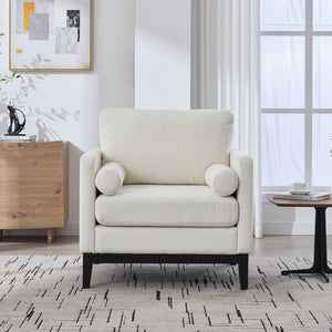 English Elm 35.4" Modern Farmhouse Ivory Boucle Accent Chair With Black Legs, Bolster Pillows For Cozy Living Room W3118P283469
